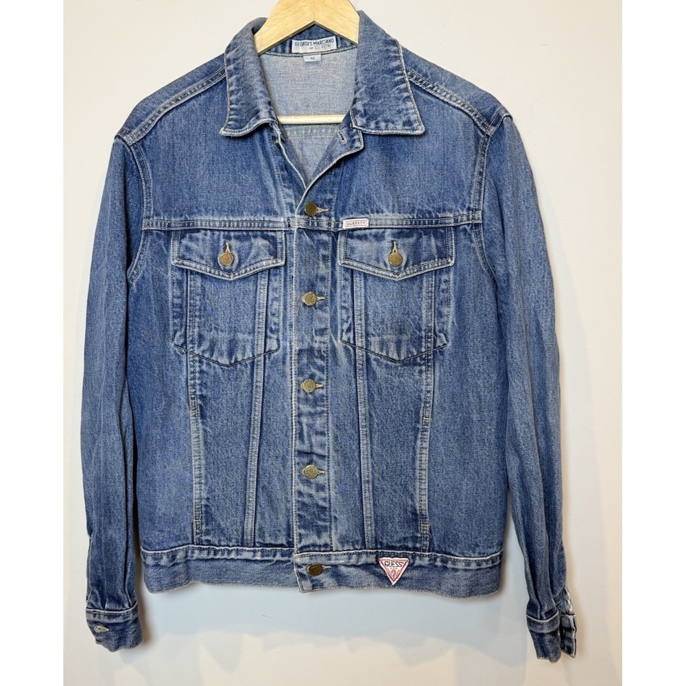 VTG Georges Marciano Guess USA Denim Trucker Jacket M 80s Retro Triangle Logo